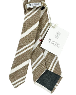 Brunello Cucinelli Tie Brown White Stripes Design Linen Silk SALE