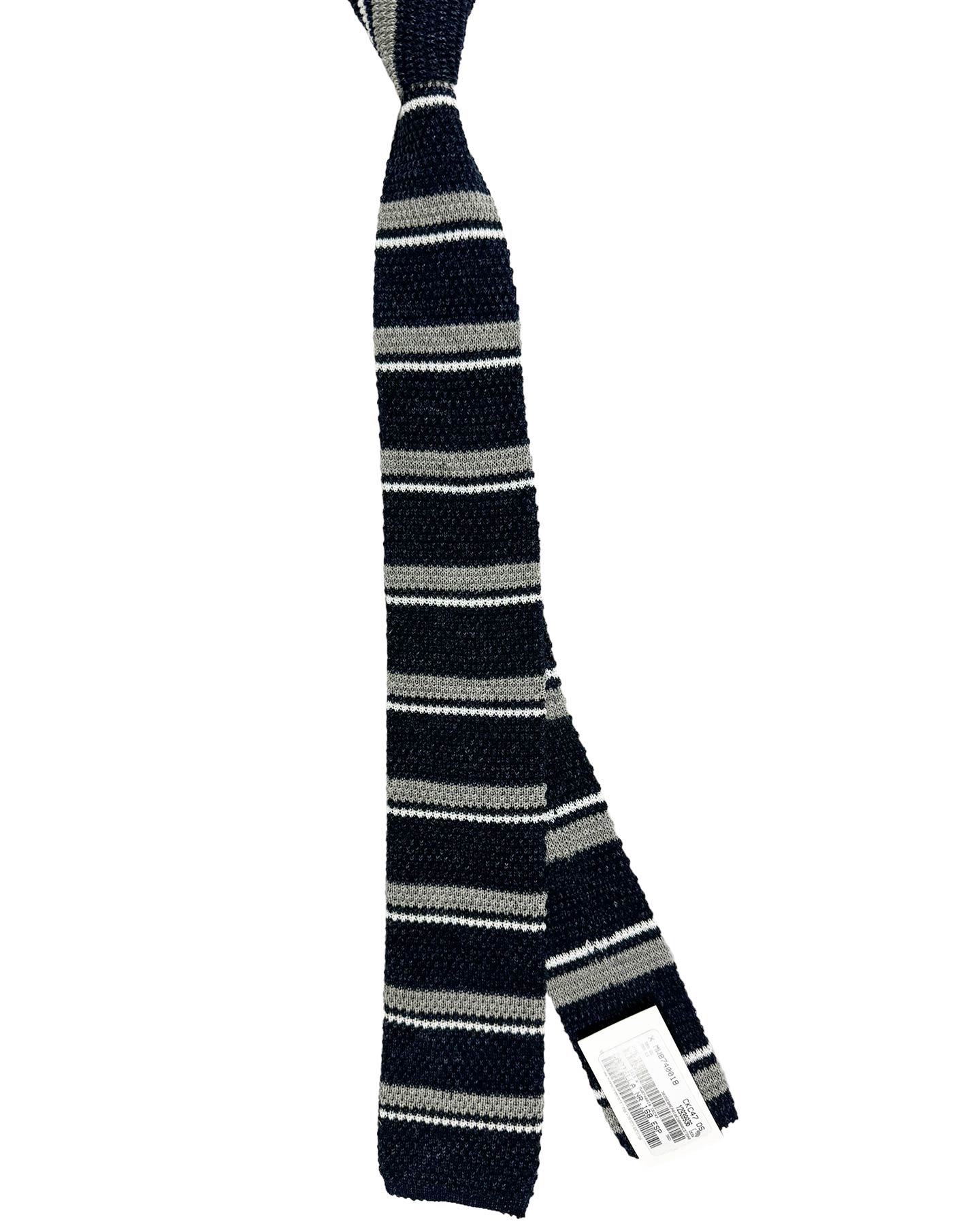 Brunello Cucinelli Square End Knitted Tie Dark Blue Gray Horizontal Stripes - Linen/ Cotton