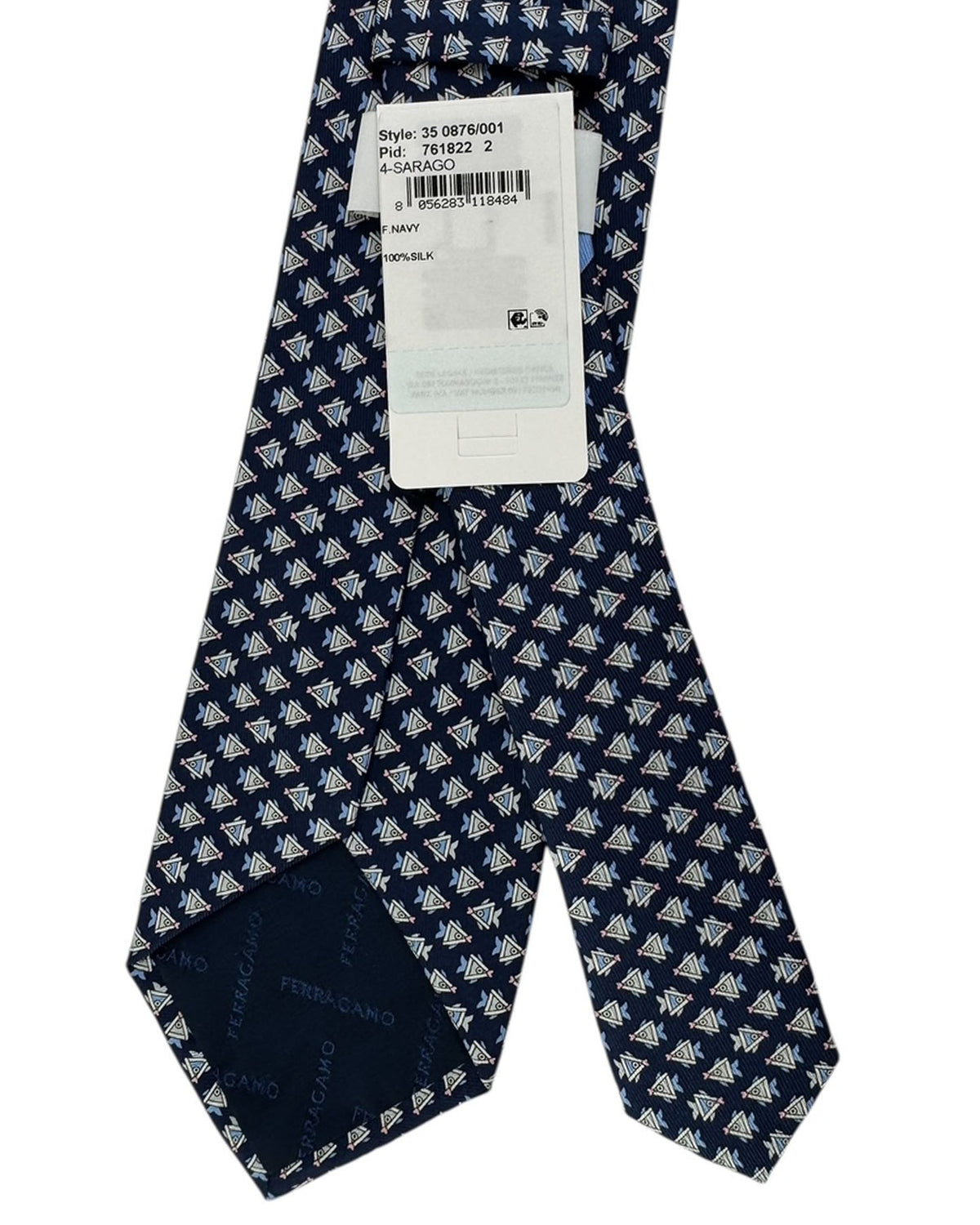 Salvatore Ferragamo Tie Navy Blue With Geometric Triangle Fish Pattern
