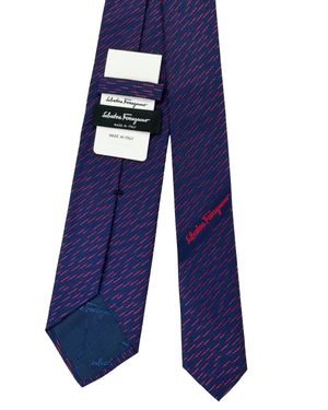 Salvatore Ferragamo Silk Tie Midnight Blue Red Small Stripes Design