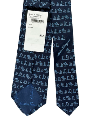 Salvatore Ferragamo Silk Tie Navy Blue Sail Boat Design