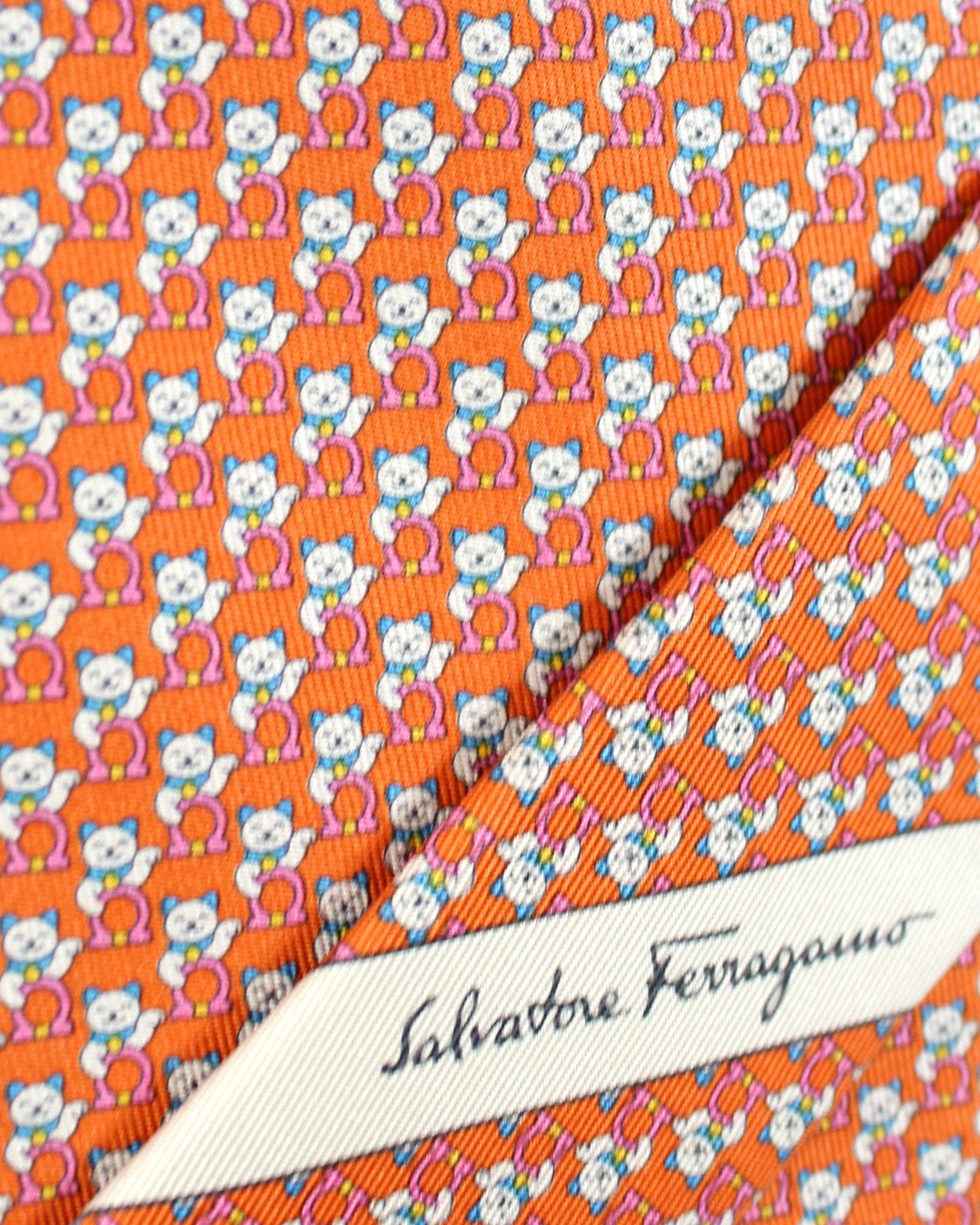 Salvatore Ferragamo Tie Orange Cat Gancini - Novelty