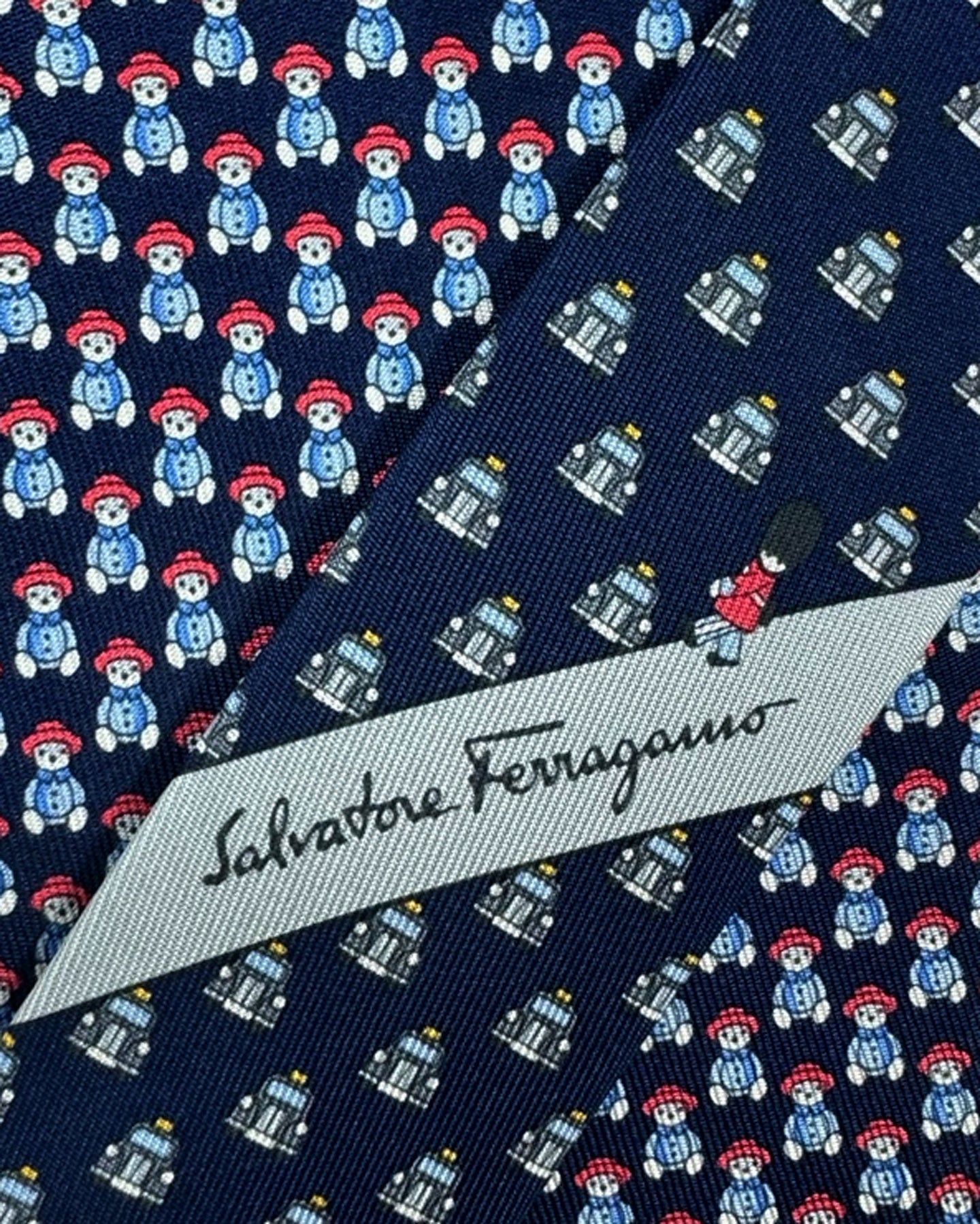 Salvatore Ferragamo Silk Tie Navy Novelty Teddy Bear