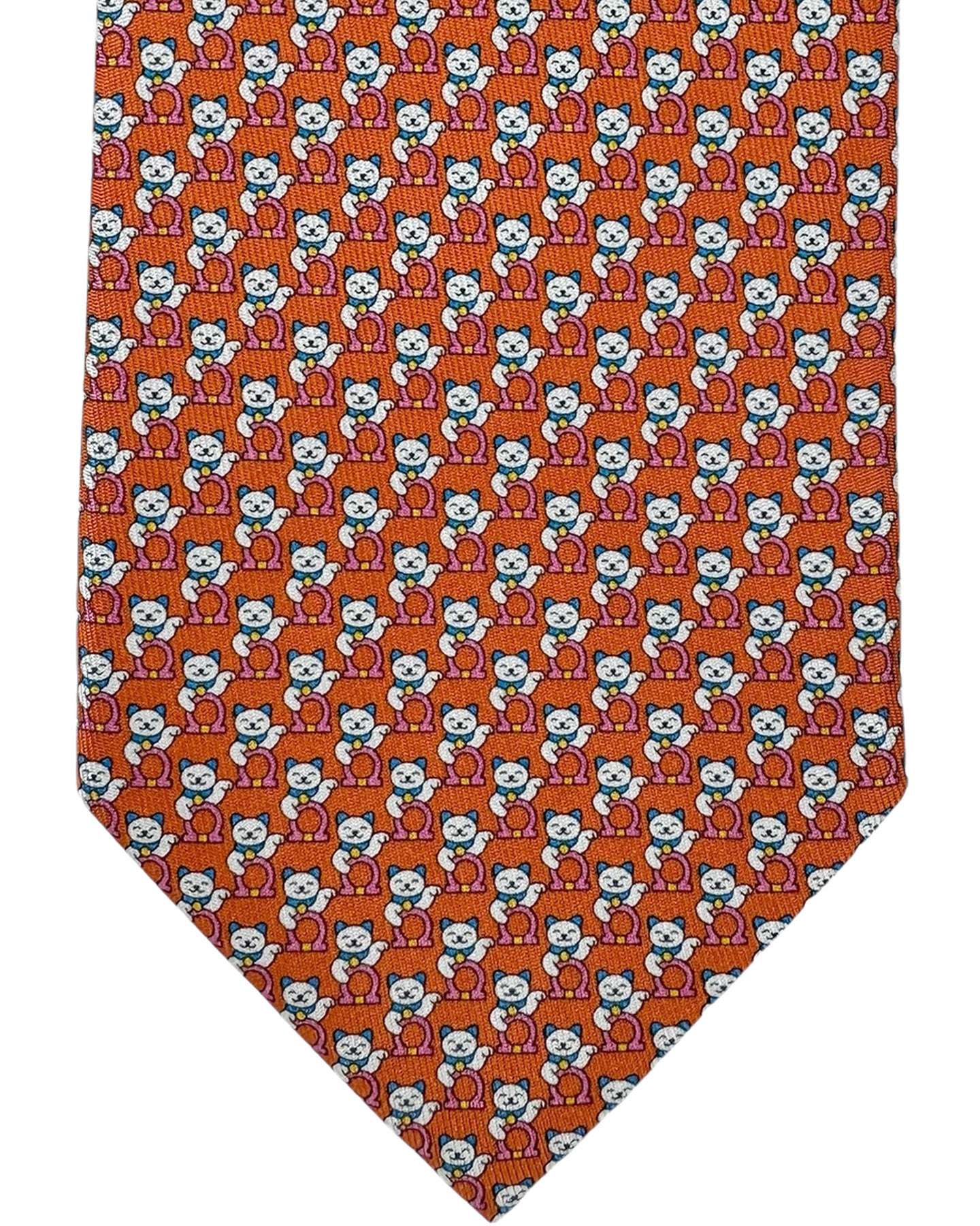 Salvatore Ferragamo Novelty Tie Orange Gancini & maneki neko cat 