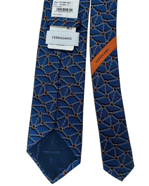 Salvatore Ferragamo Tie Midnight Blue Orange Chain Gancini