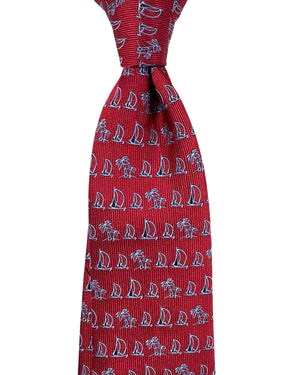 Salvatore Ferragamo Narrow Tie Bordeaux Tropical Palm & Sail Boat