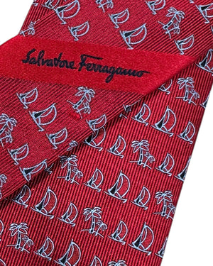 New
 Ferragamo Narrow Tie Bordeaux Tropical Palm & Boat