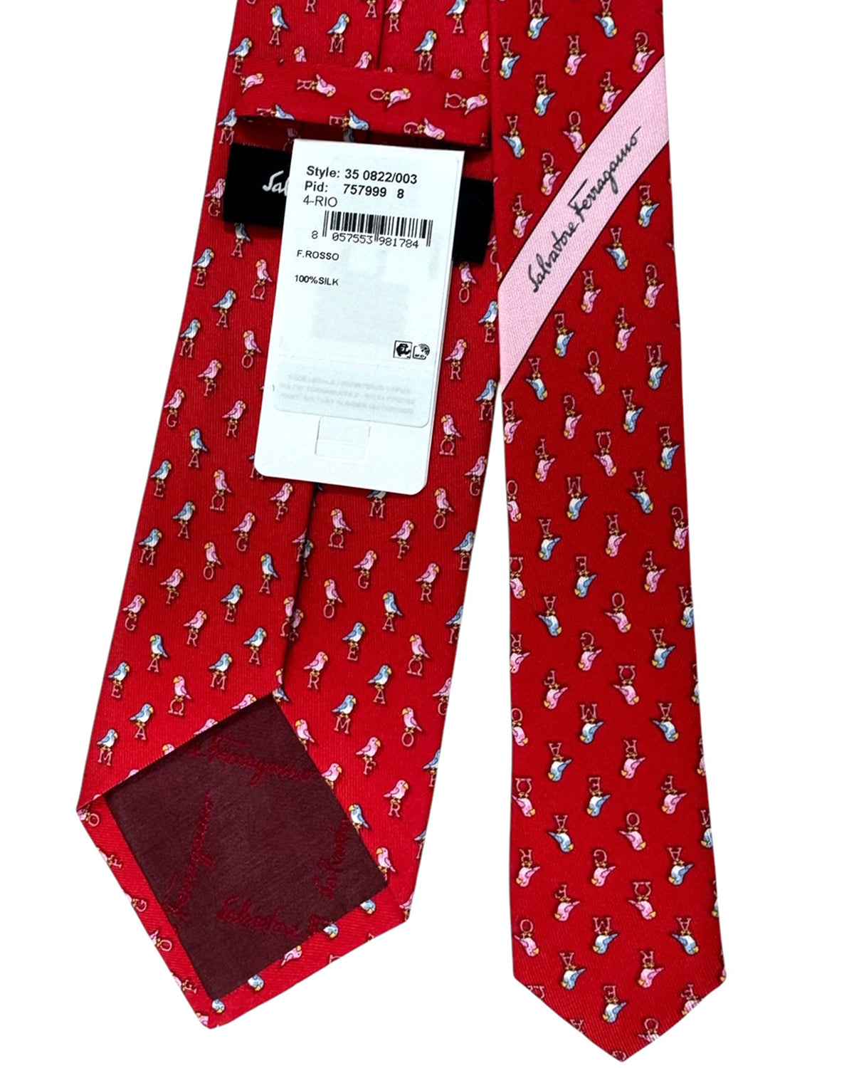 Salvatore Ferragamo Silk Tie Red Letter Logo Letter Birds CYBER MONDAY SALE