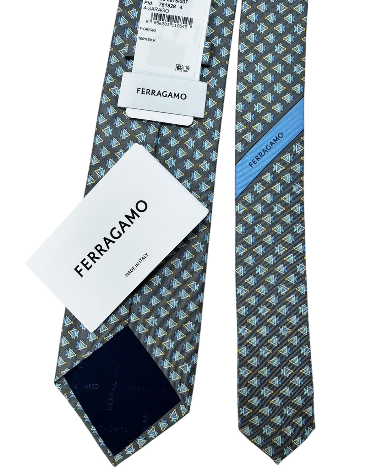 Salvatore Ferragamo Tie Gray Blue Fish Novelty