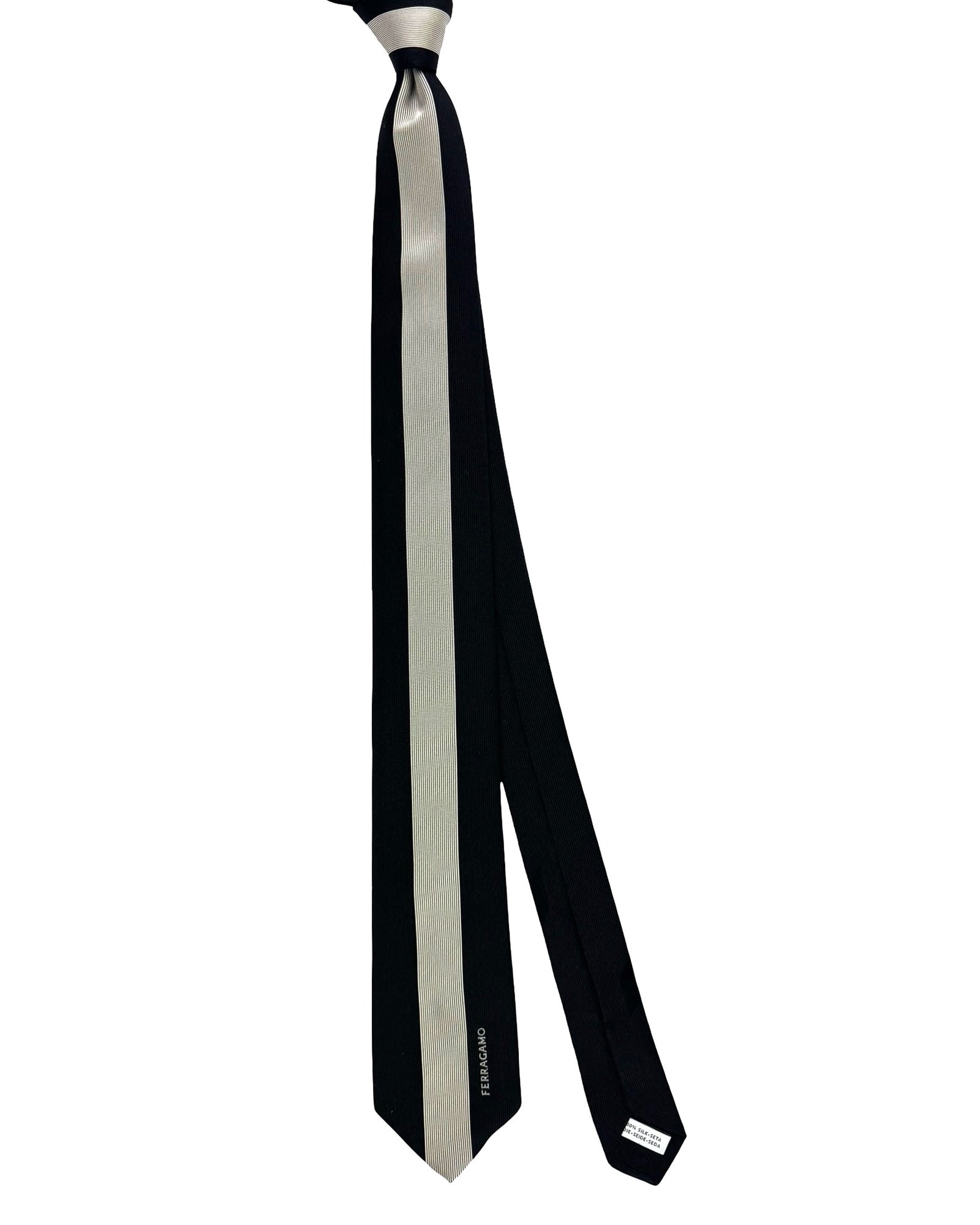 Salvatore Ferragamo Tie Black Silver Stripe Logo Design SALE
