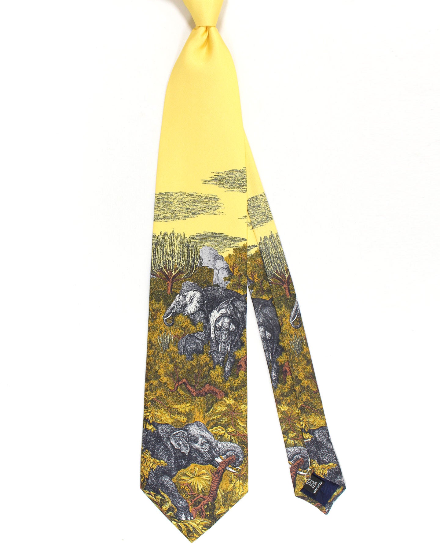 Fornasetti Silk Tie Yellow Gray Elefanti Design - Wide Necktie