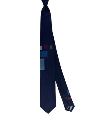Gene Meyer Tie Navy Solid with Multicolor Block Accents - Hand Made In Italy