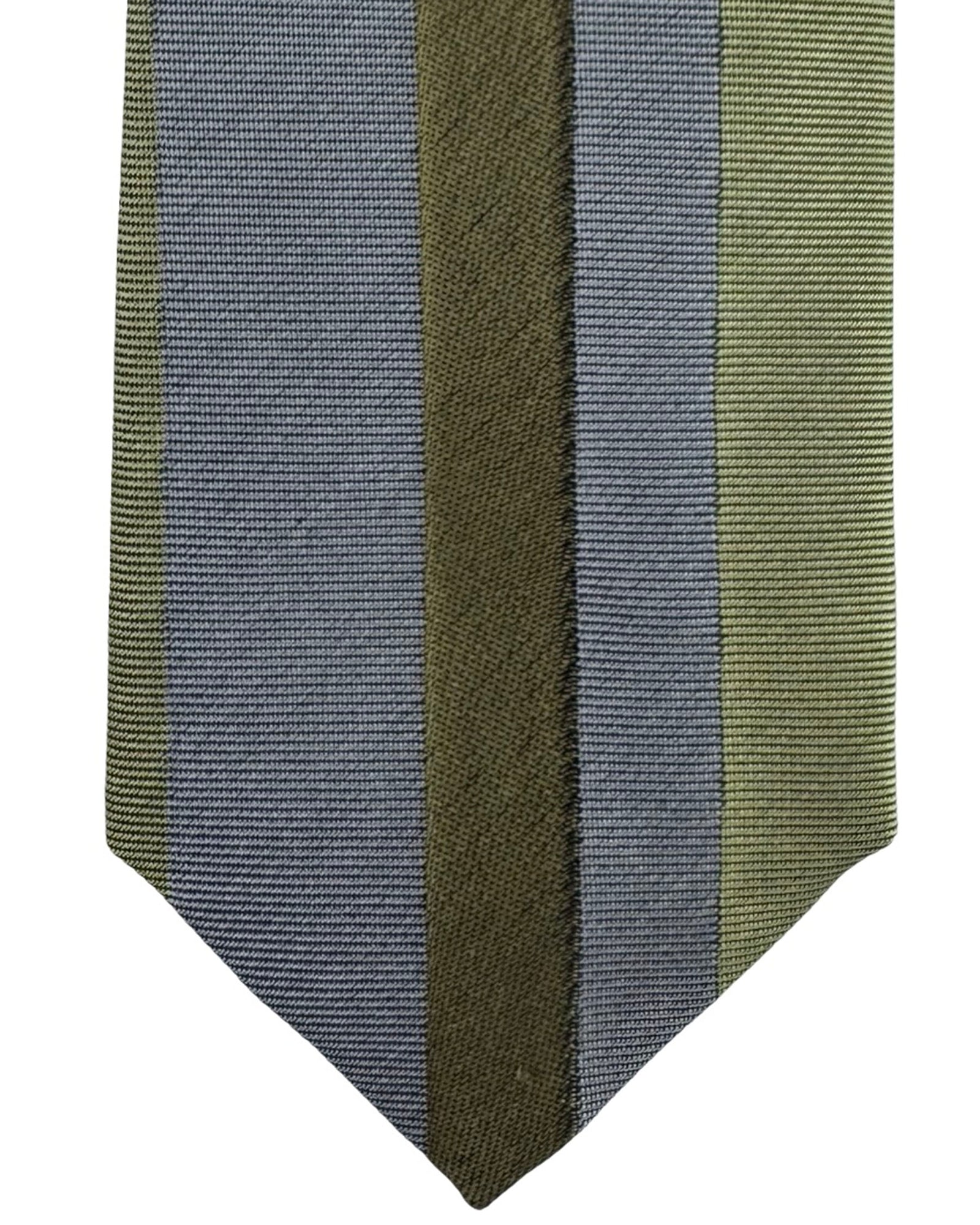 Gene Meyer Tie Olive Green with Grey Geometric Pane- Hand Made In Italy