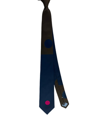 Gene Meyer Tie Brown and Dark Blue with Circular Accent- Hand Made In Italy
