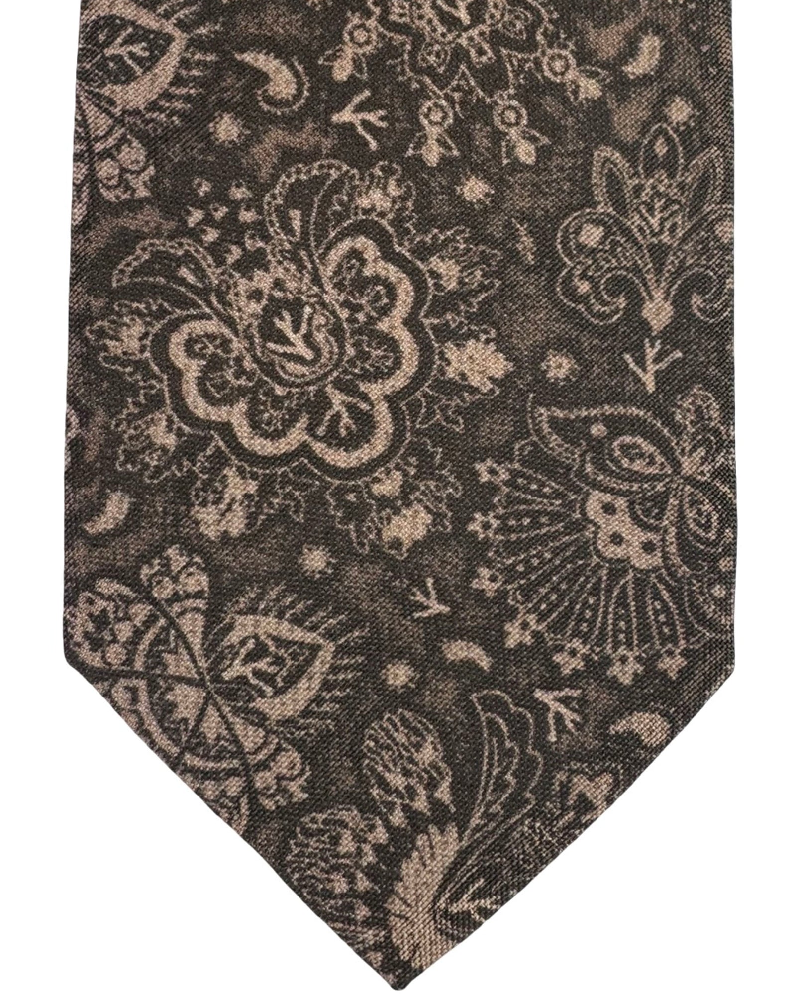 Isaia Sevenfold Tie Brown Floral Medallion Design - Cotton Silk