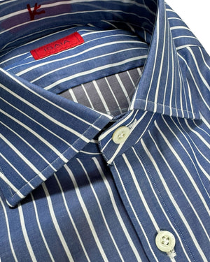 Isaia Shirt Dark Blue Stripes 39 - 15 1/2 Regular Fit