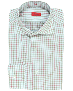 Isaia Dress Shirt Pink Olive Check 39 - 15 1/2 Regular Fit