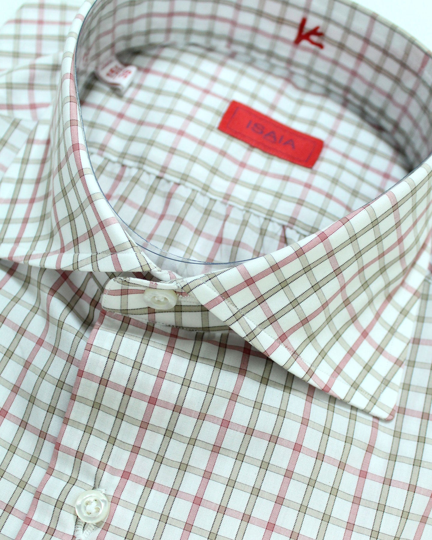 Isaia Dress Shirt Pink Olive Check 39 - 15 1/2 Regular Fit