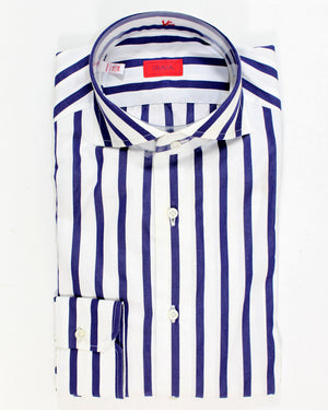 Isaia Dress Shirt White Navy Bengal Stripes 