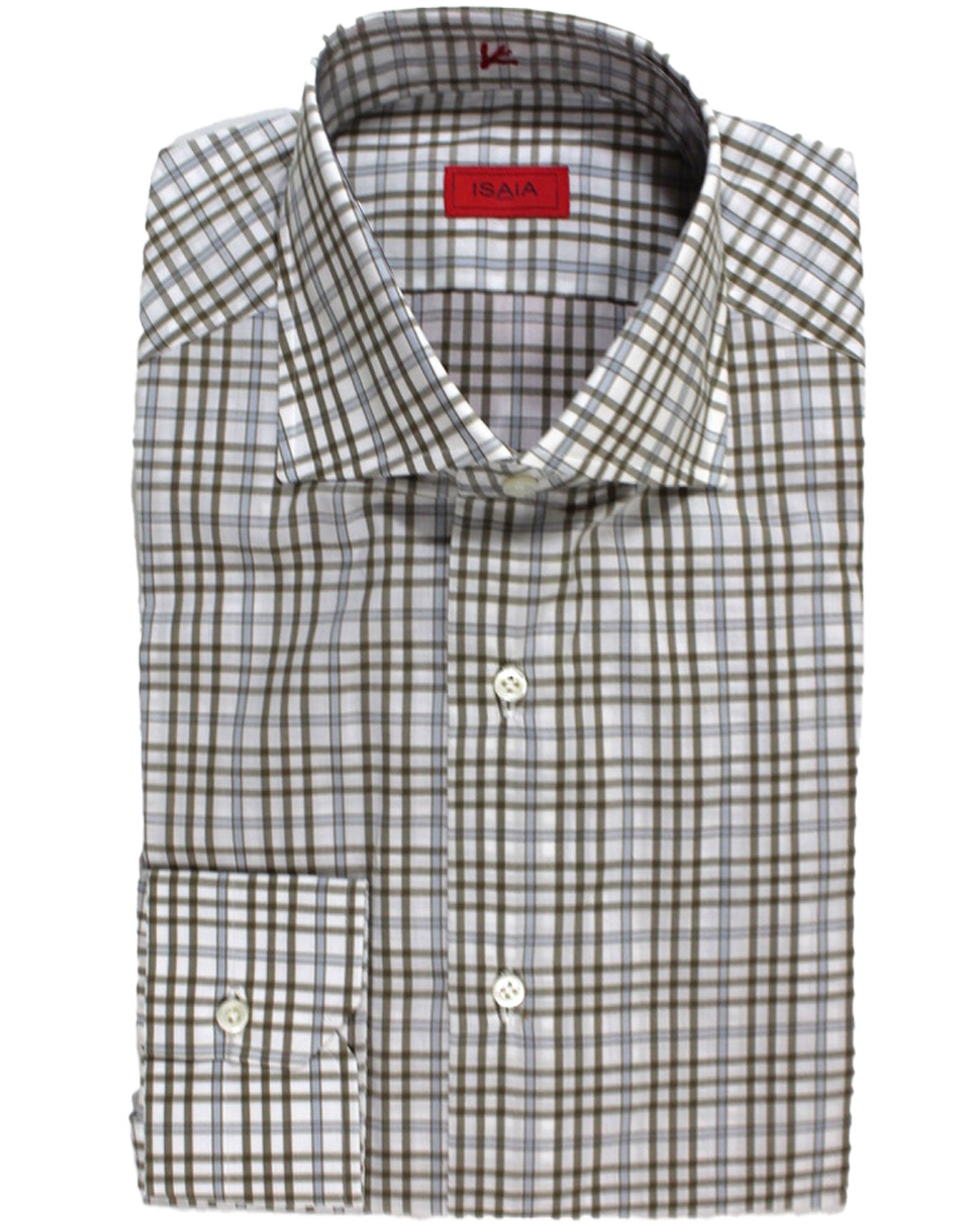 Isaia Shirt Olive Blue Glen Check 40 - 15 3/4 Regular Fit