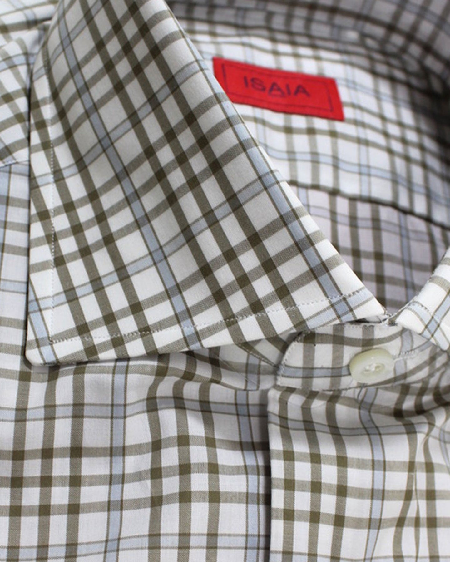 Isaia Shirt Olive Blue Glen Check 40 - 15 3/4 Regular Fit