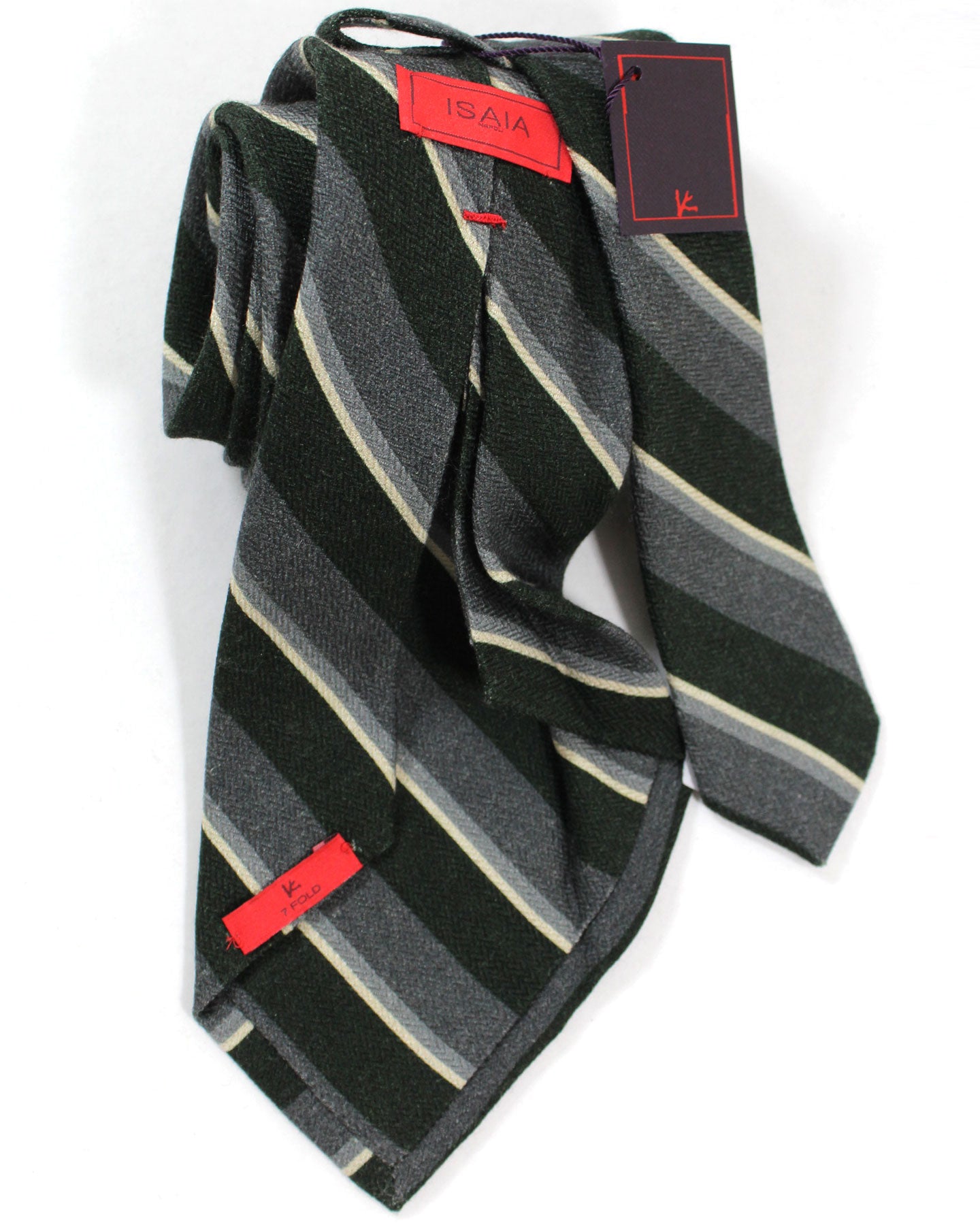 Isaia Tie Gray Dark Green Stripes Design - Sartorial Wool Silk Tie