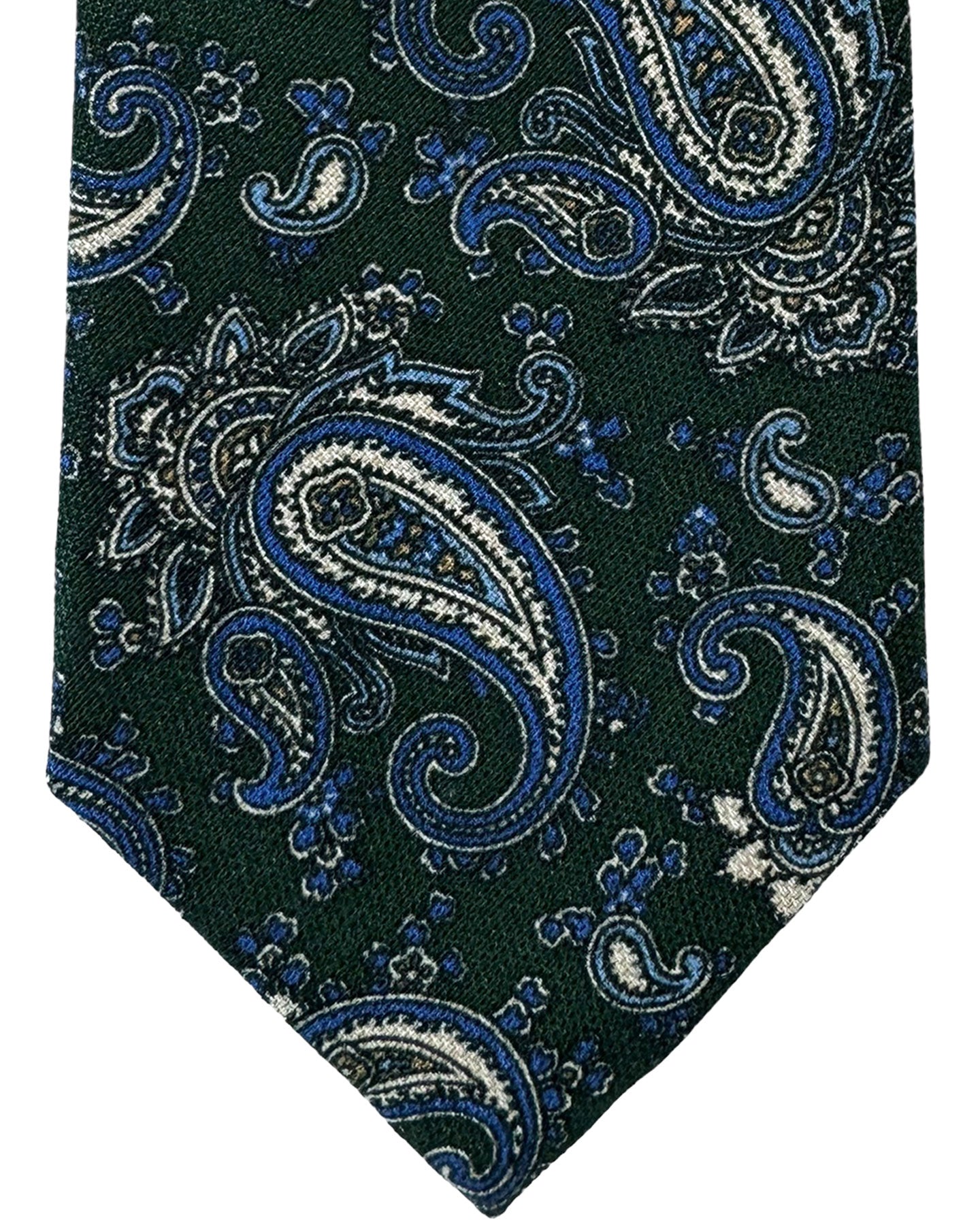 Isaia Tie Dark Green Royal Blue Paisley Design - Sevenfold Cotton Silk Necktie