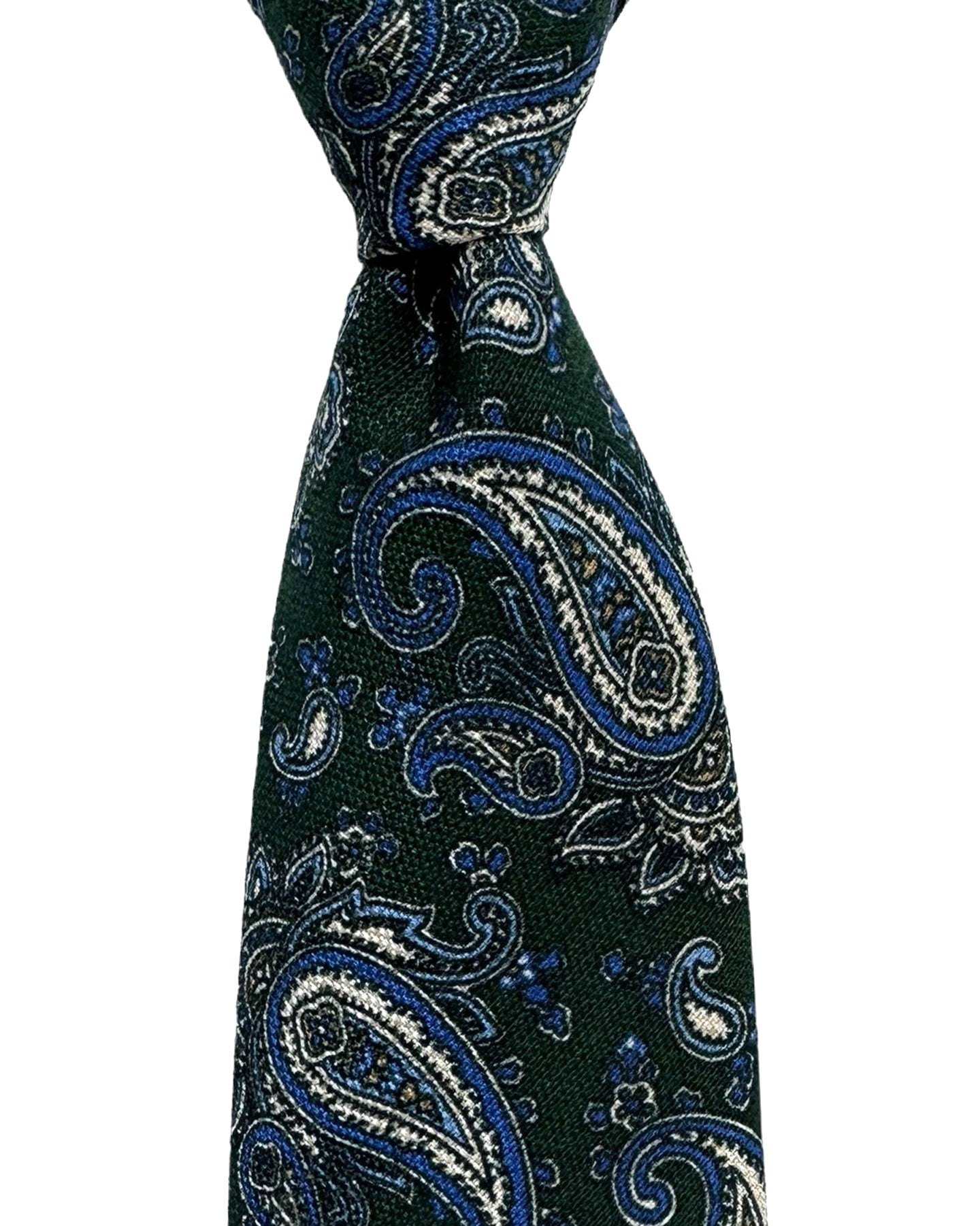 Isaia Tie Dark Green Royal Blue Paisley Design - Sevenfold Cotton Silk Necktie