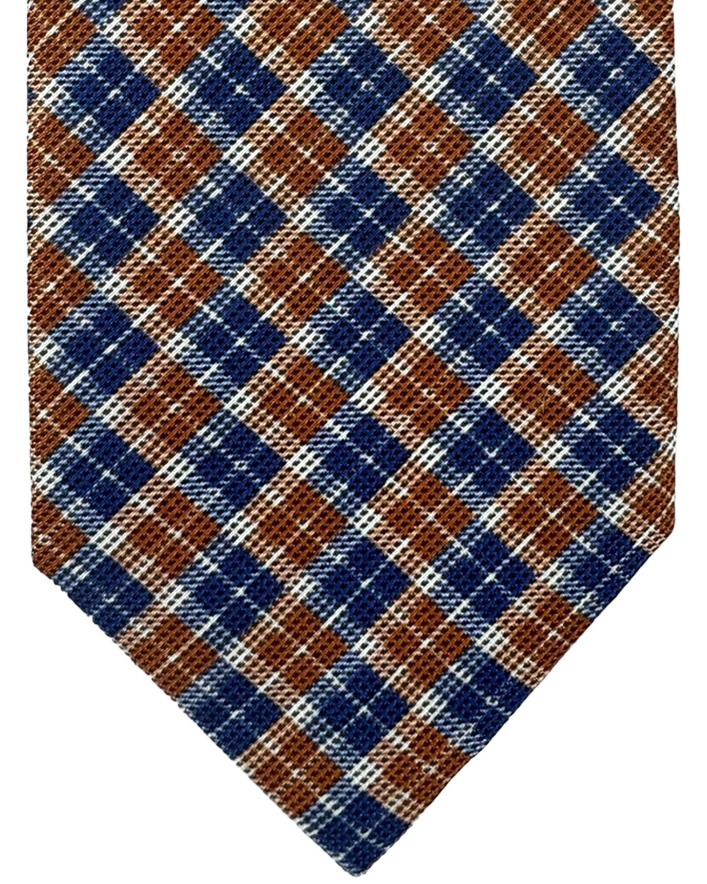 Isaia Tie Brown Royal Blue Plaid Design - Sevenfold Cotton Silk Necktie