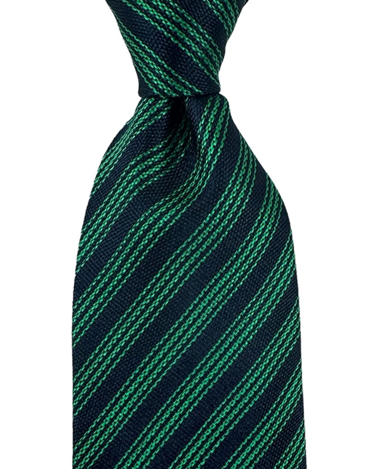 Isaia Tie Dark Blue Green Stripes Design - Sevenfold Silk Necktie