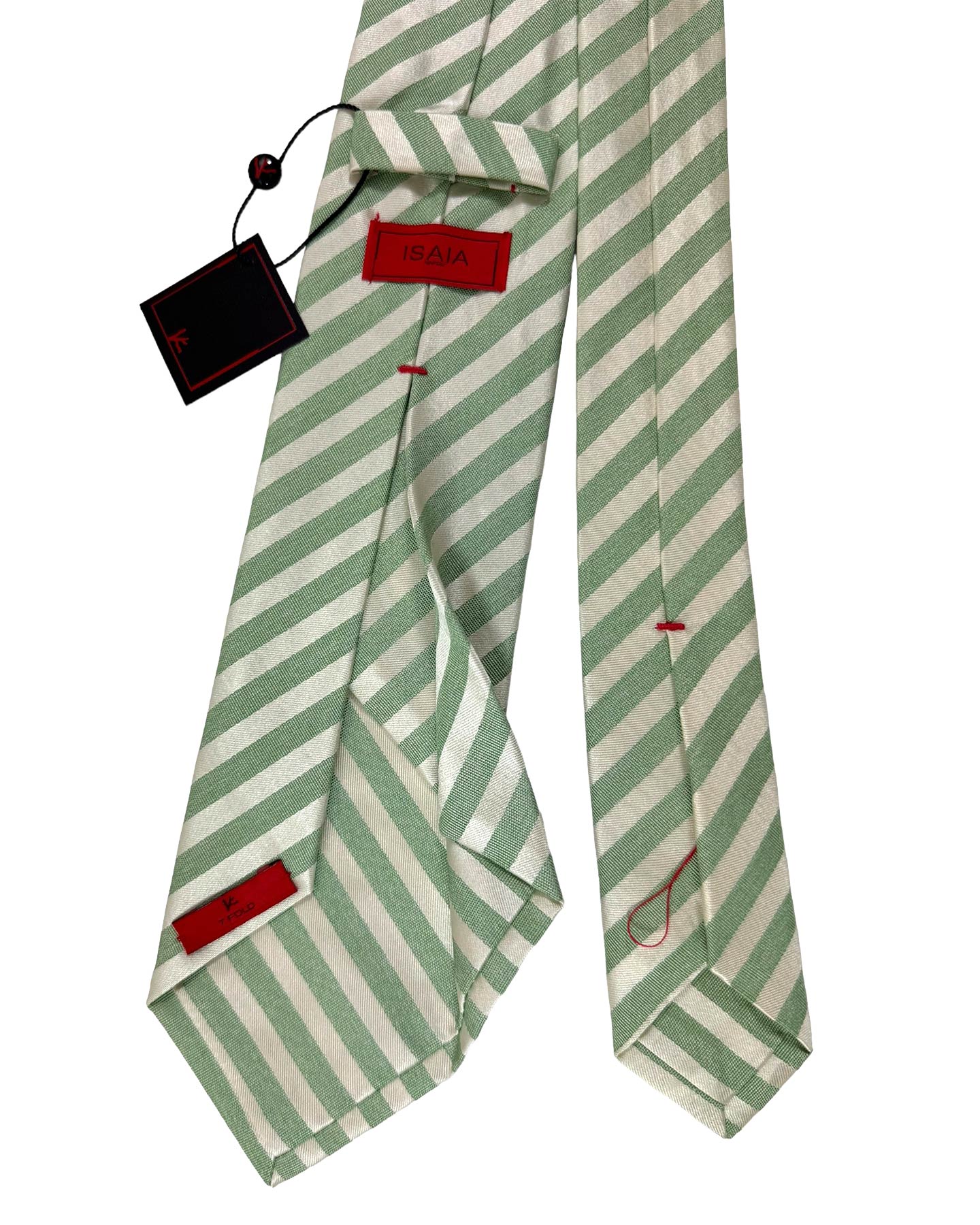 Isaia Sevenfold Tie Green White-Silver Stripes Design - Cotton Silk