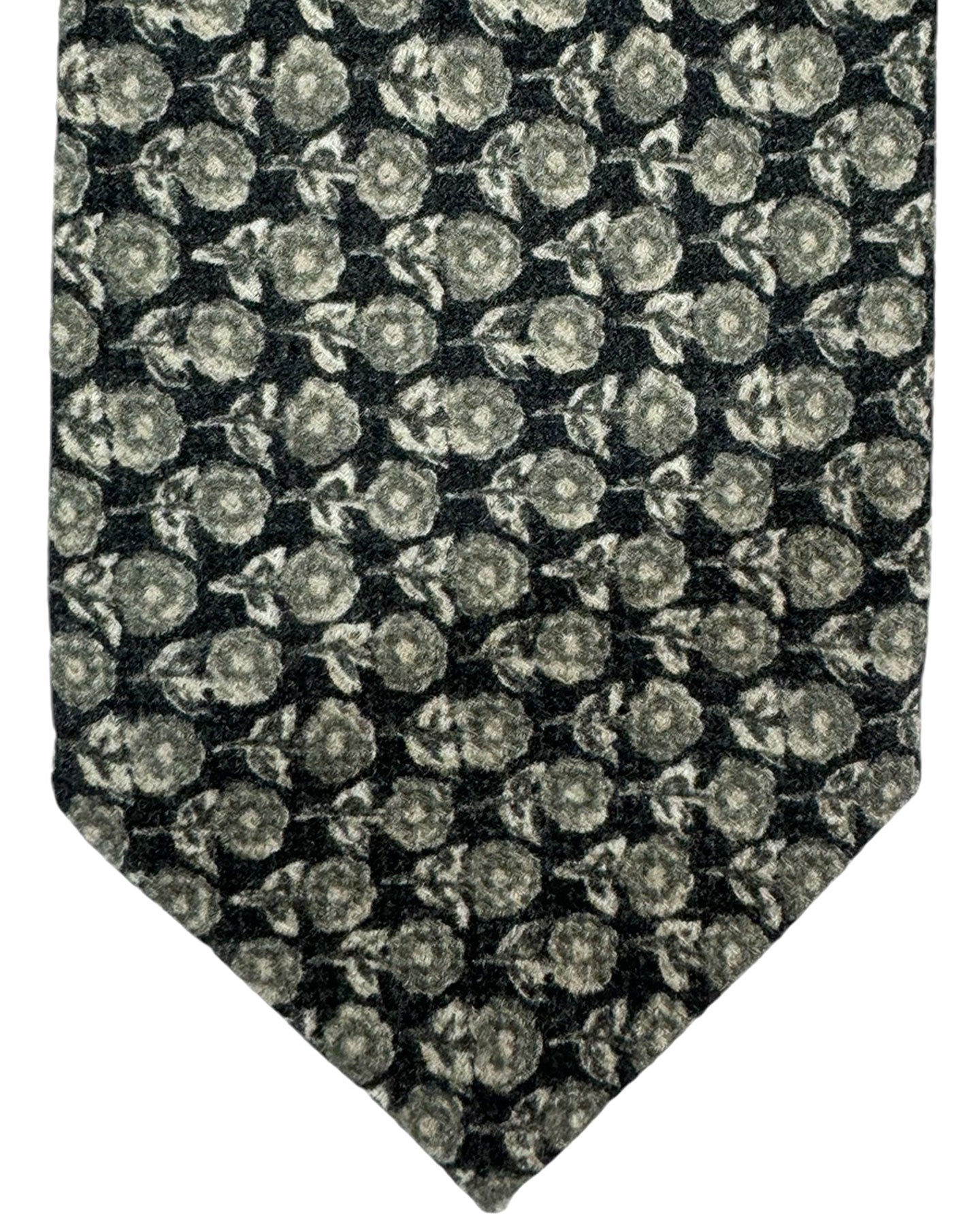 Isaia Sevenfold Tie Black Olive Floral Design - Wool Silk Necktie