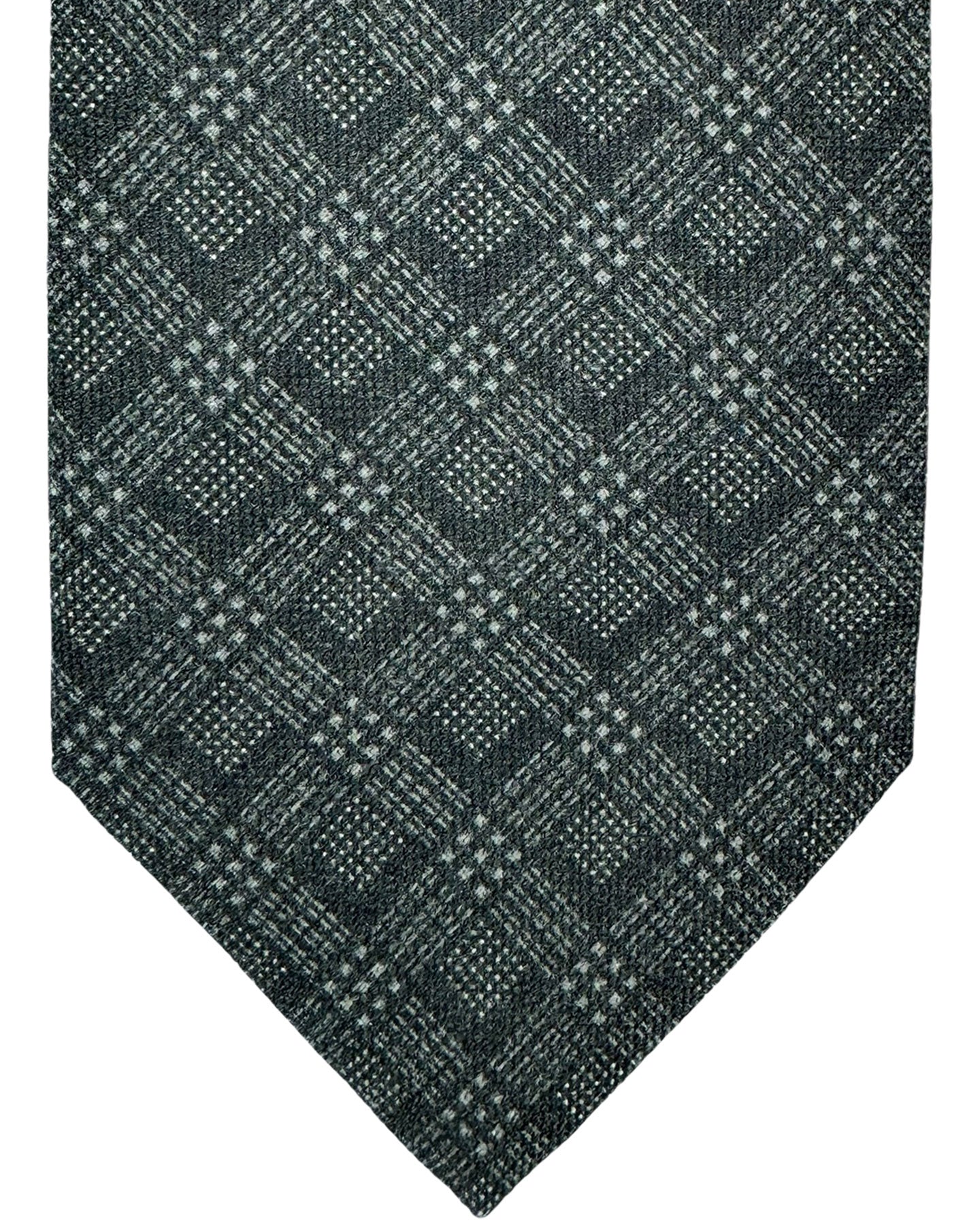 Isaia Sevenfold Tie Gray Gingham Design - Wool Silk Necktie