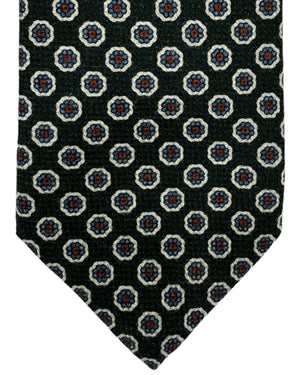 Isaia Sevenfold Tie Dark Olive Blue Orange Mini Floral Design - Wool Silk Necktie