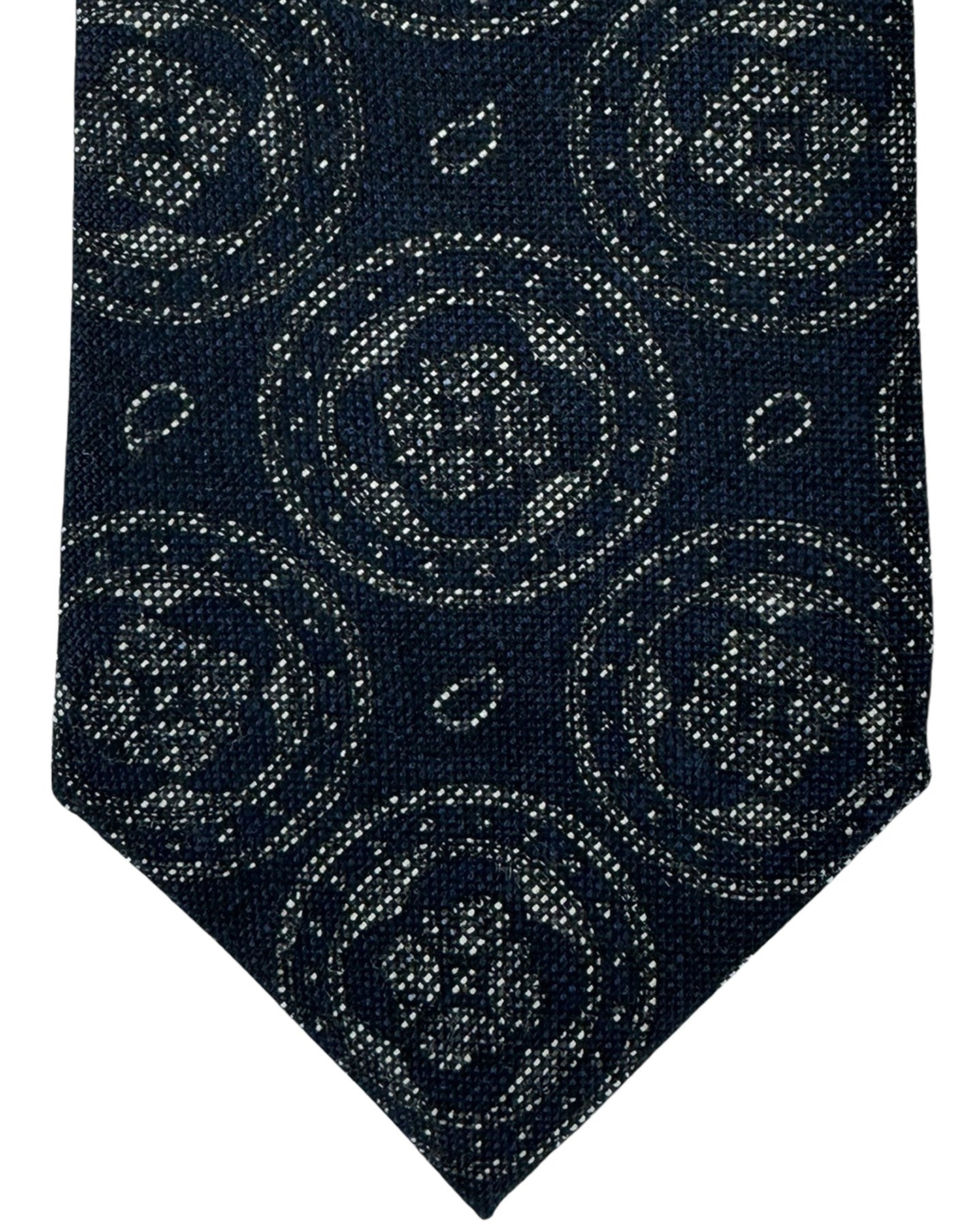 Isaia Sevenfold Tie Black Medallion - Wool Silk Necktie