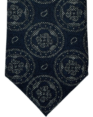 Isaia Sevenfold Tie Black Medallion - Wool Silk Necktie