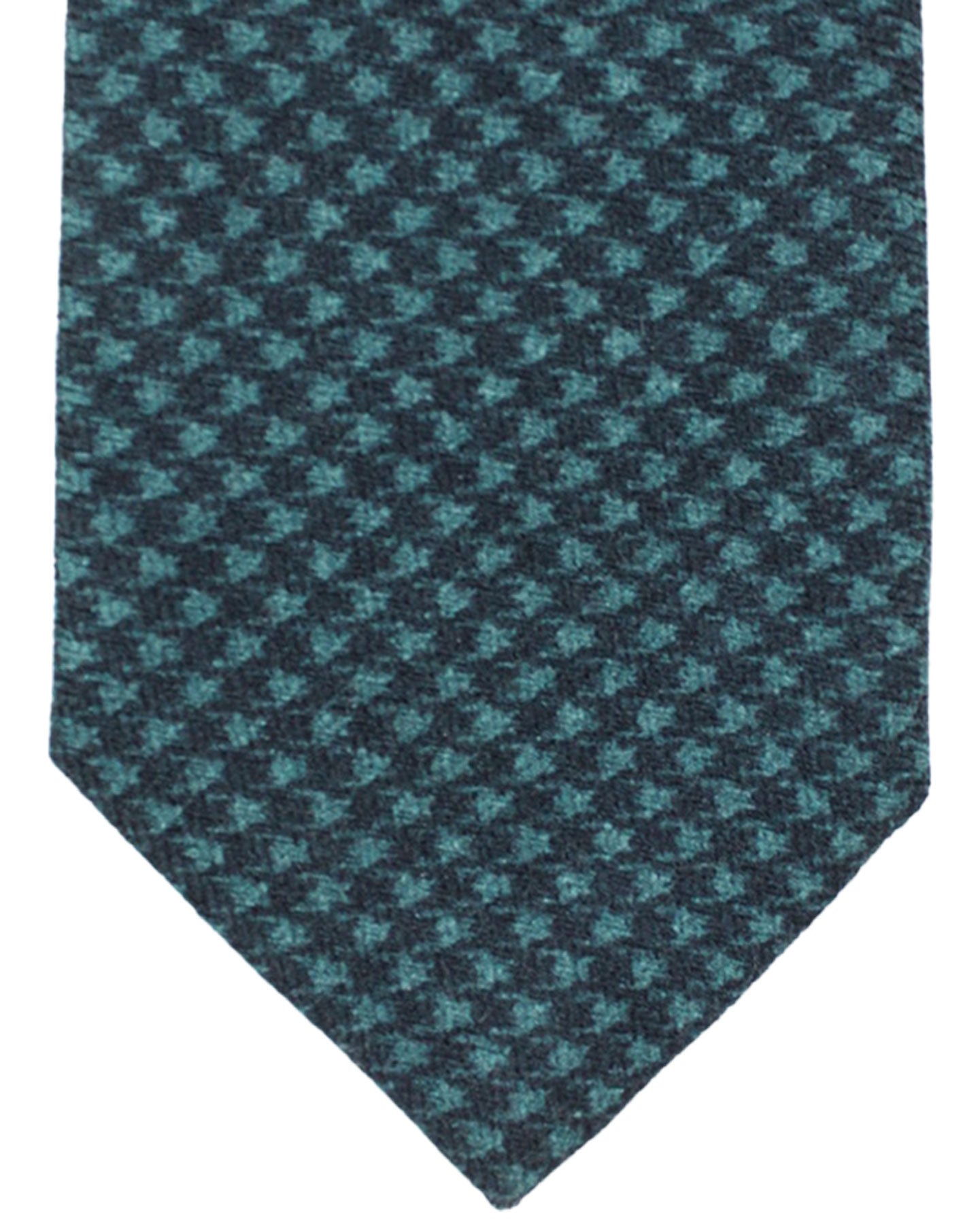 Isaia Sevenfold Tie Teal Blue Houndstooth - Wool Silk Necktie