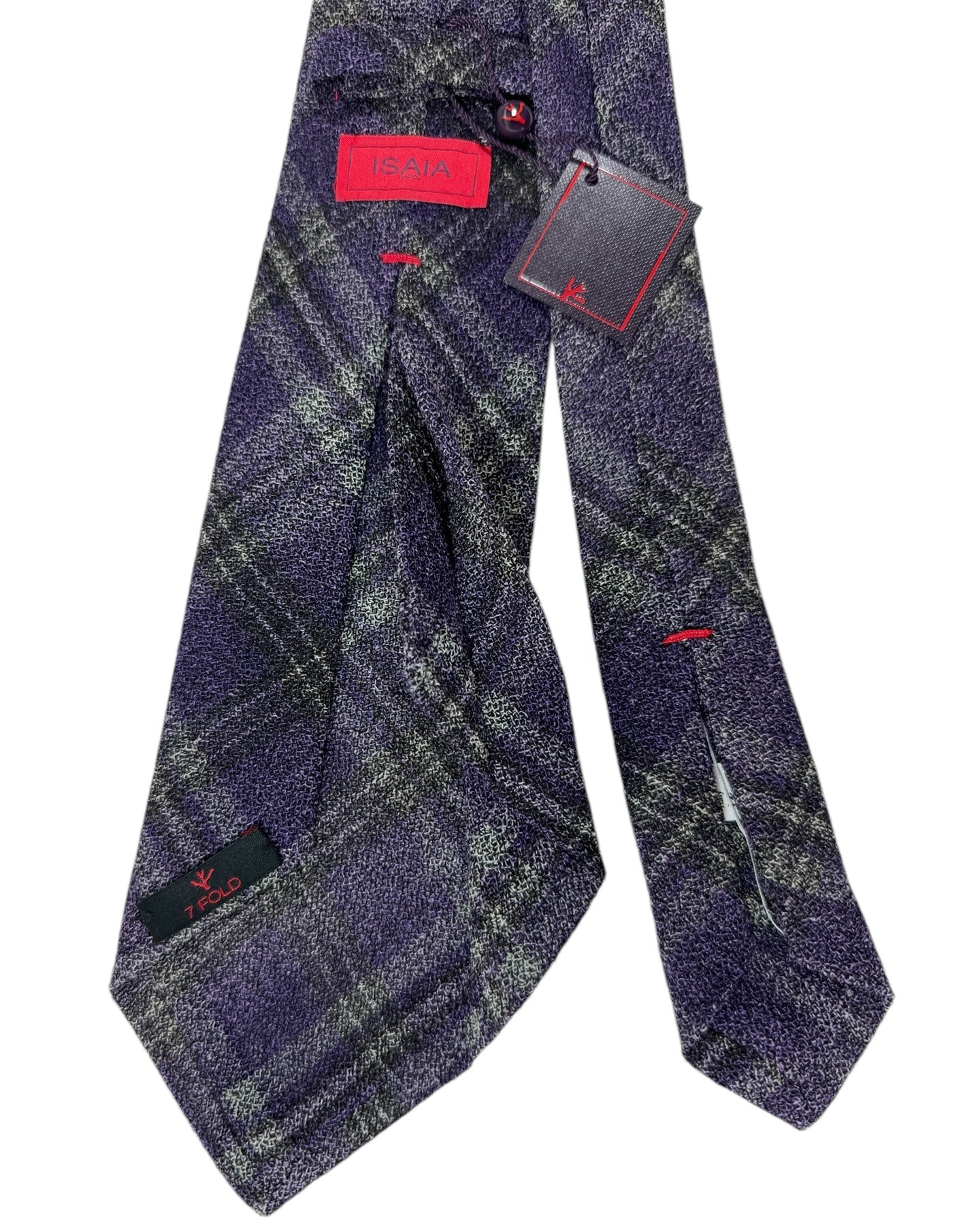 Isaia Sevenfold Tie Purple Gray Plaid - Wool Necktie