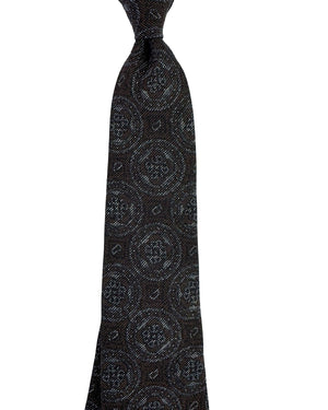 Isaia Sevenfold Tie Dark Brown Medallion Wool Silk