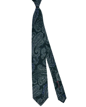 Isaia Sevenfold Tie Dark Green Navy Silver Oversized Paisley - Wool