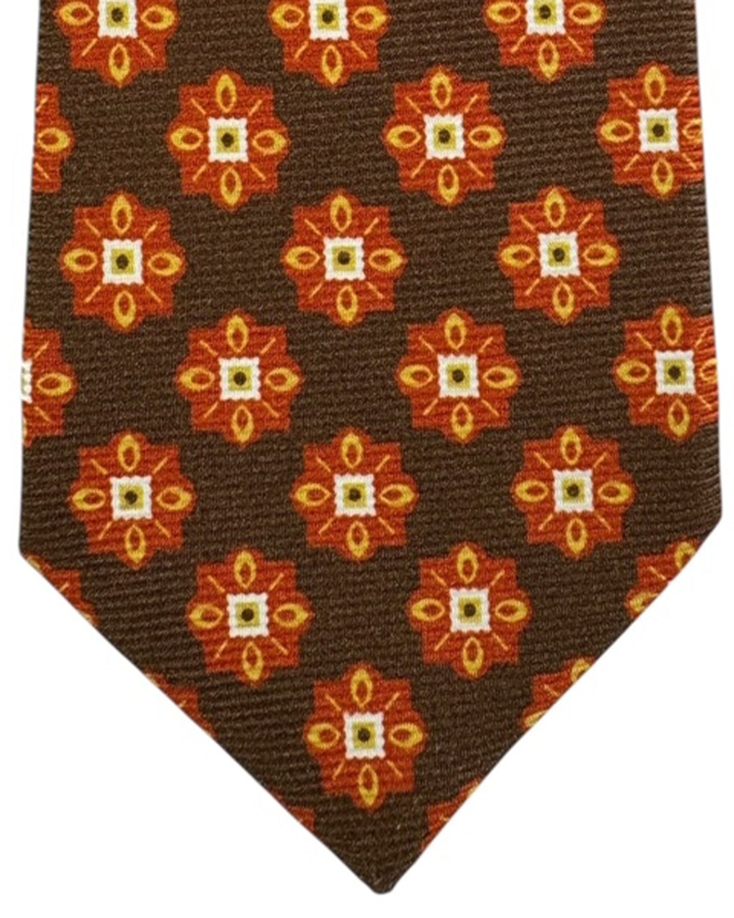 Kiton Sevenfold Tie Chocolate Brown with Orange Star Medallions