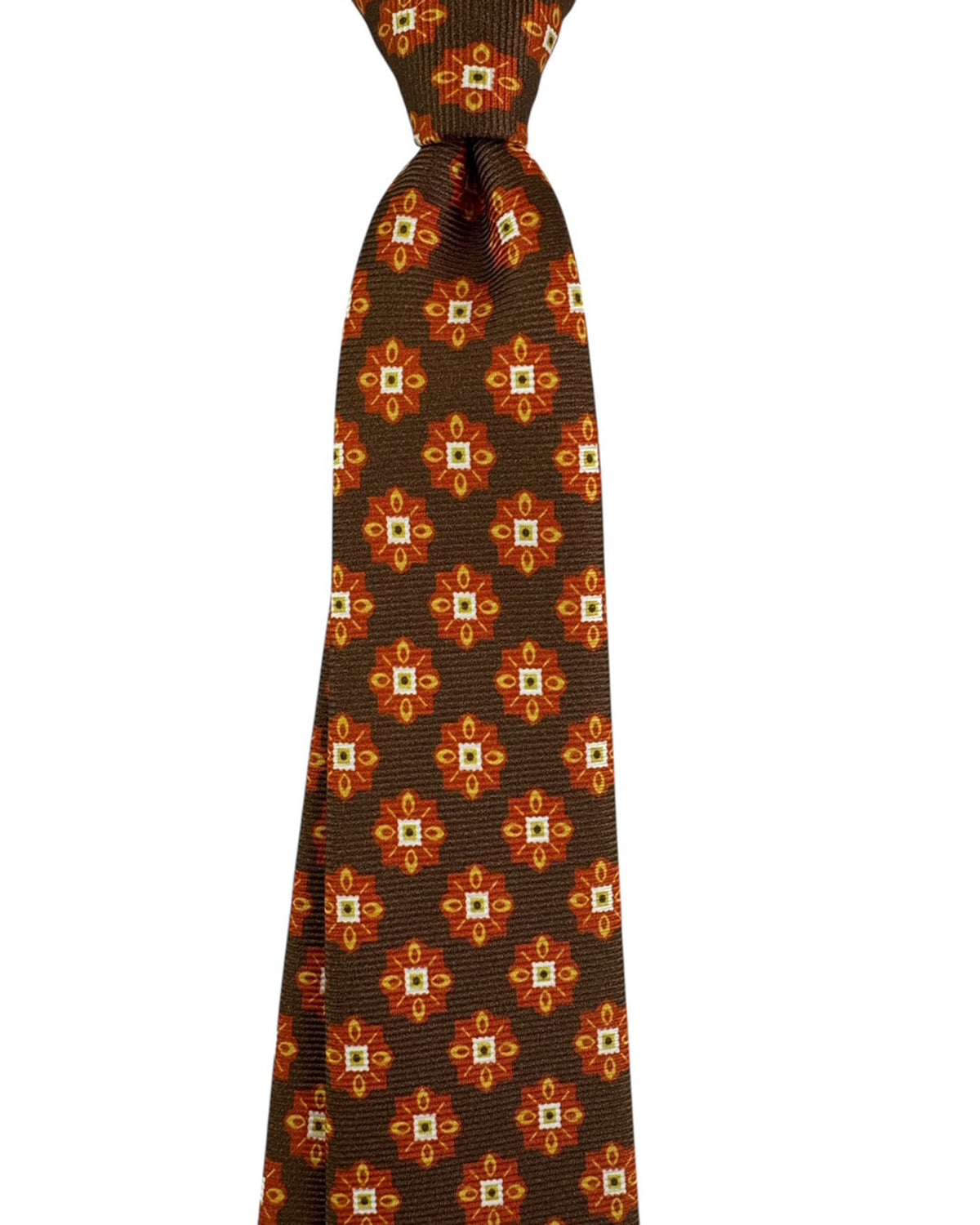 Kiton Sevenfold Tie Chocolate Brown with Orange Star Medallions