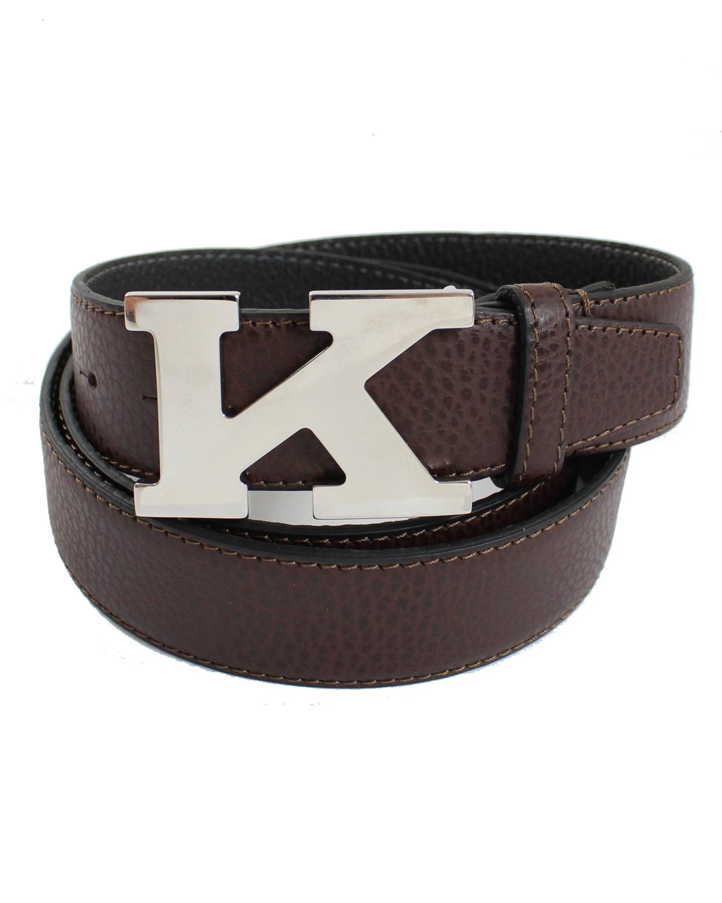 Kiton Belt Brown K Buckle Grain Leather Men Belt 110 / 44