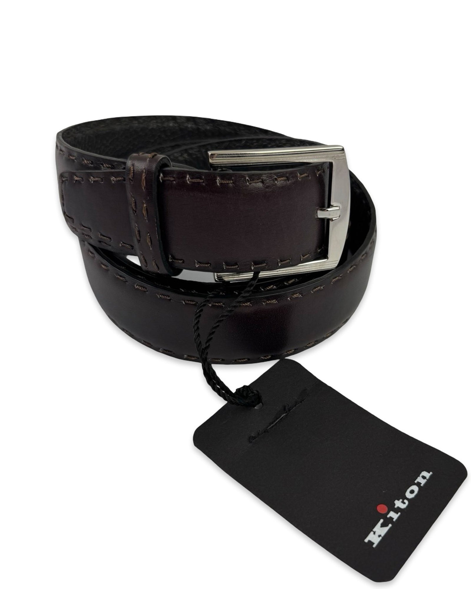 Kiton Belt Dark Brown Stitch Leather Men Belt 