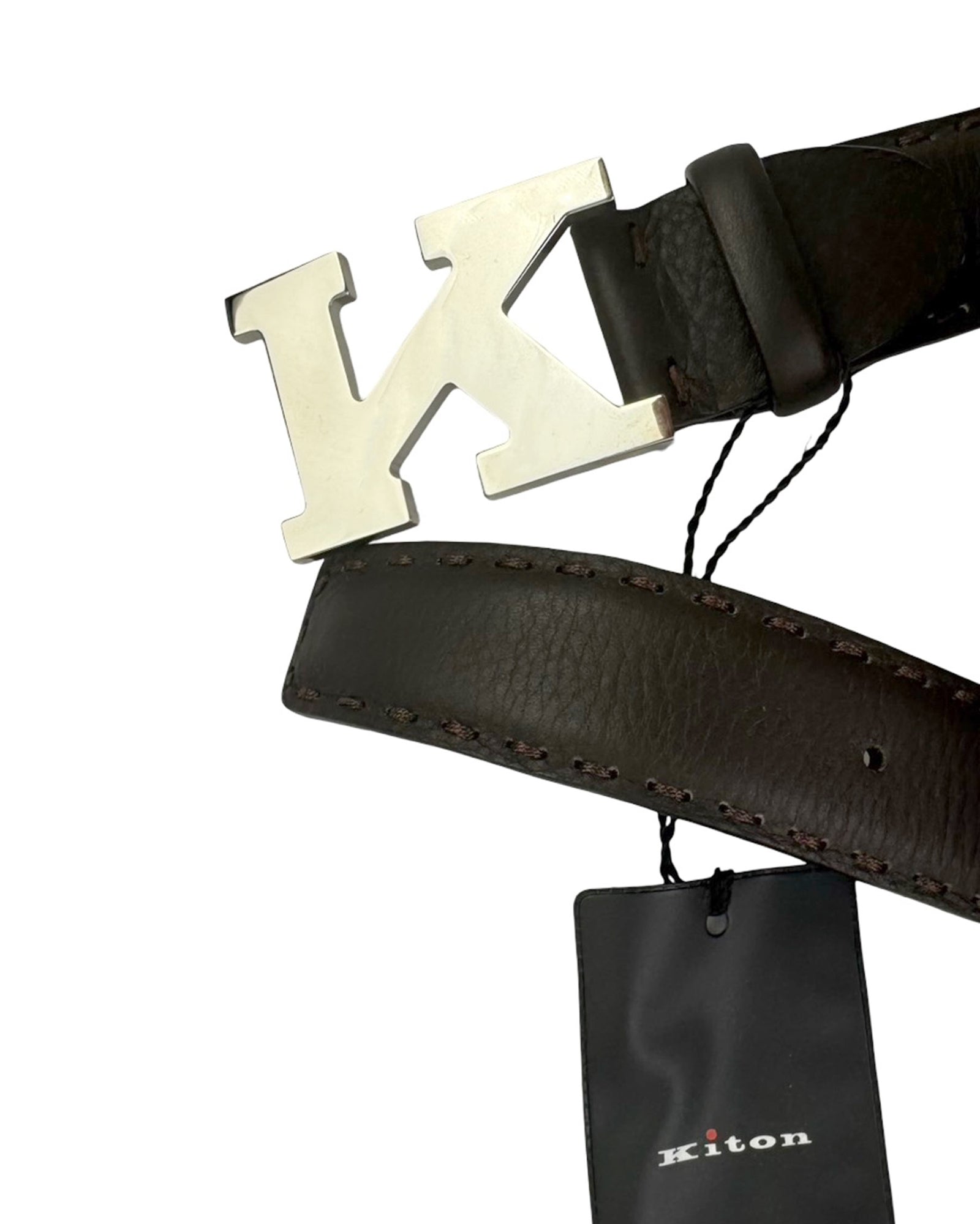 Kiton Belt Dark Brown Leather K Logo - Resizable 