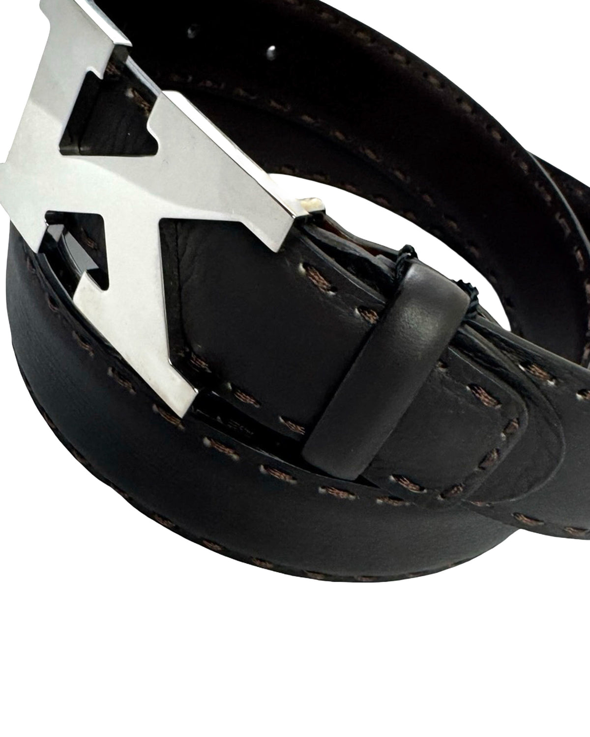 Kiton Belt Dark Brown Leather K Logo - Resizable Stitch

