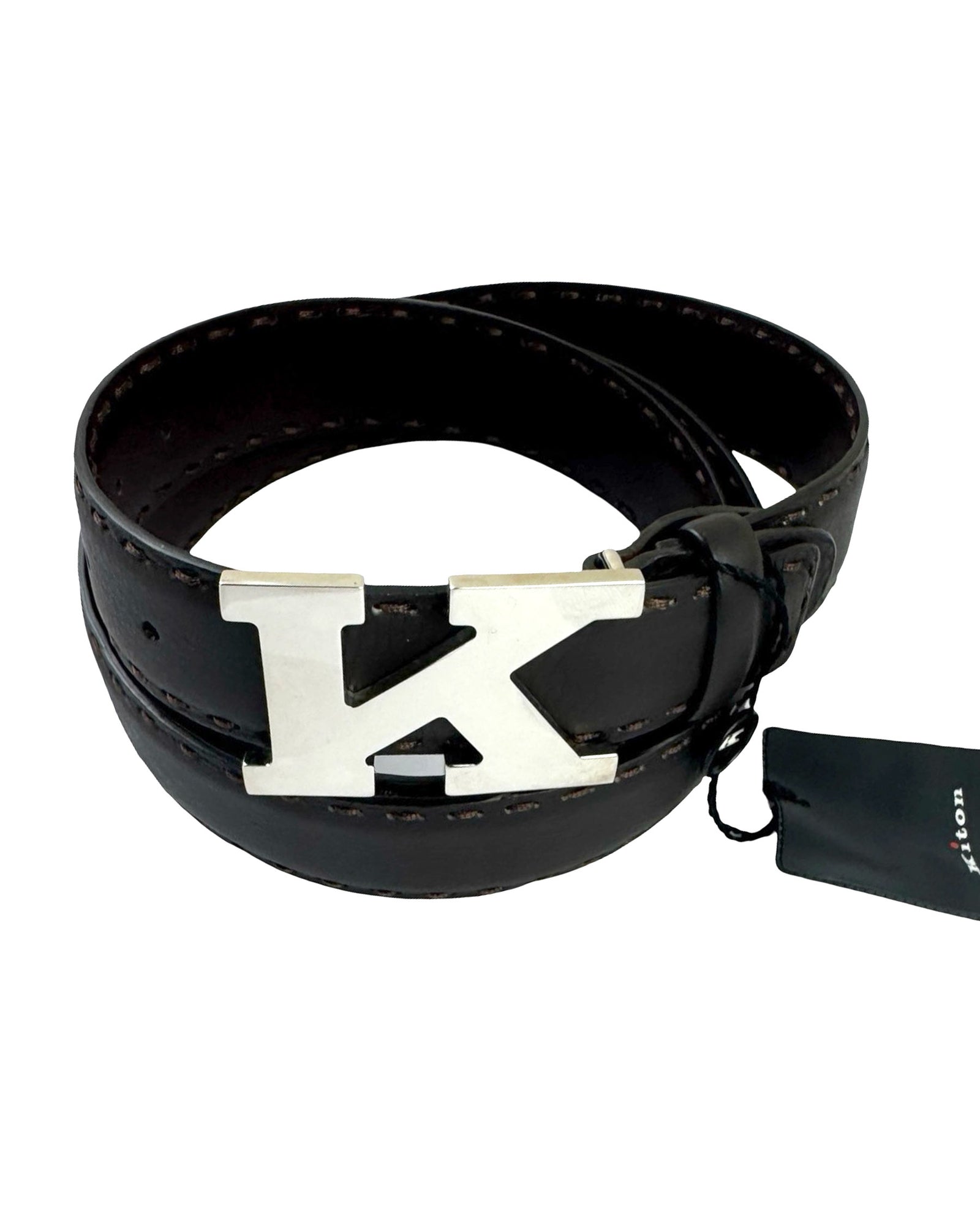 Kiton Belt Dark Brown Leather K Logo - Resizable 