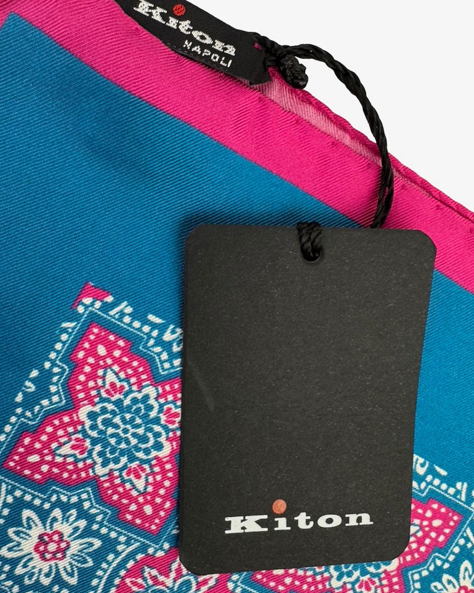 Kiton Silk Pocket Square Blue Pink Medallion