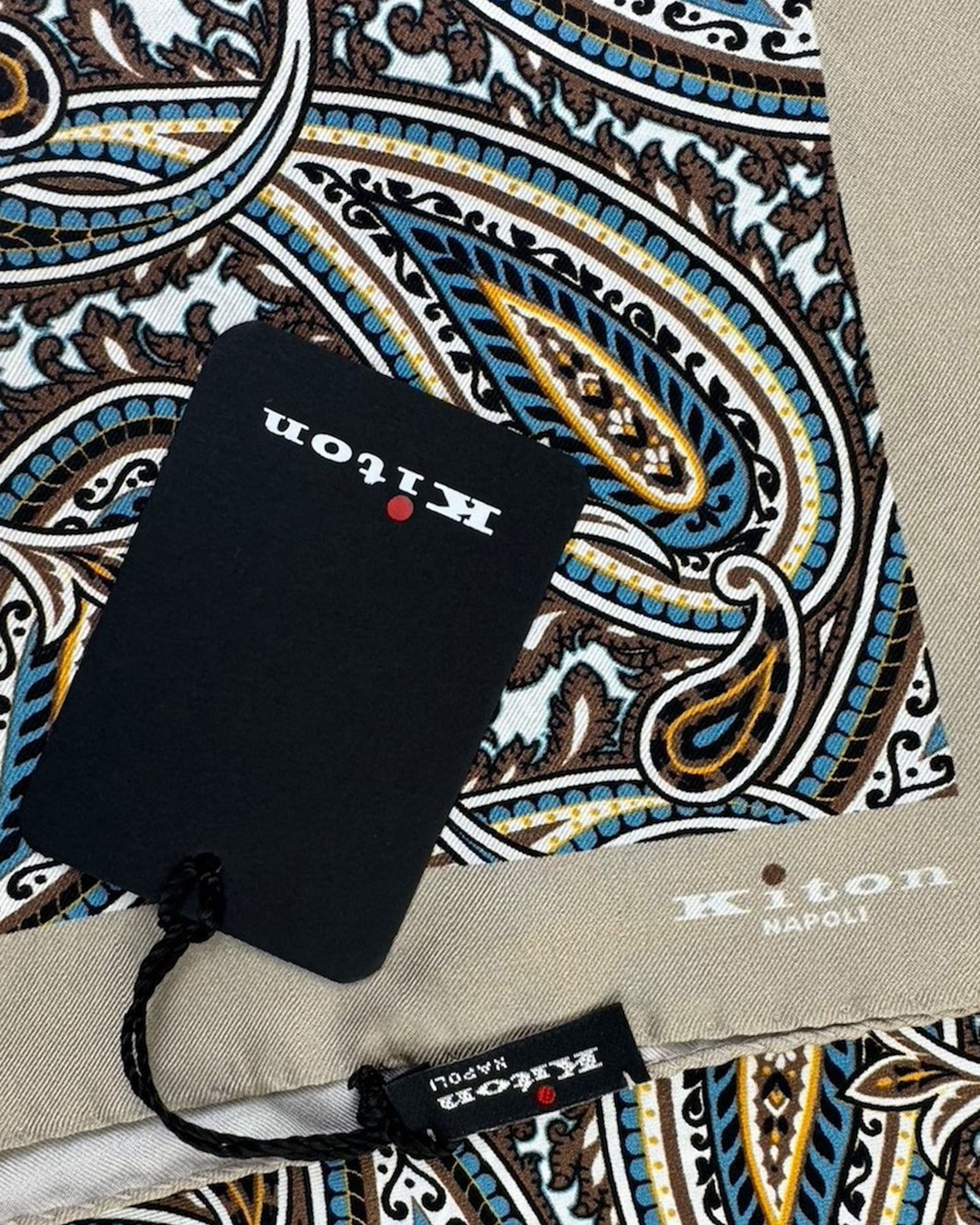 Kiton Silk Pocket Square Beige Brown Paisley