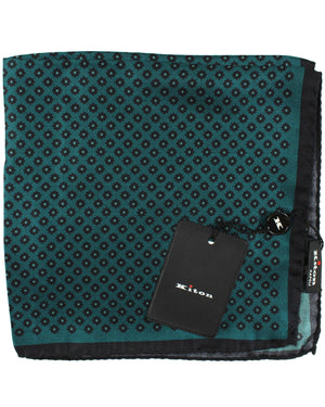 Kiton Silk Pocket Square Dark Turquoise Black Geometric